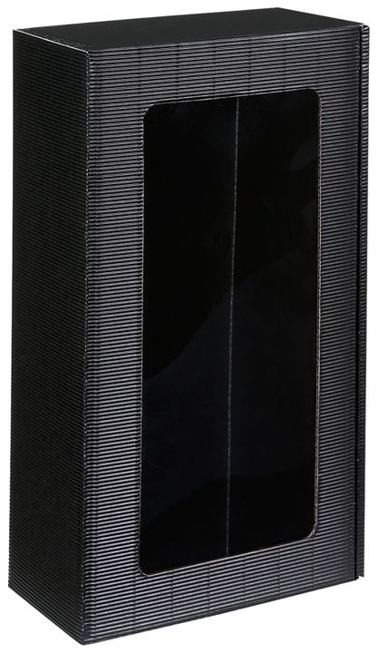 Präsentkarton in schwarz mit Sichtfenster für 2 Flaschen Wein, Korn oder Liköre