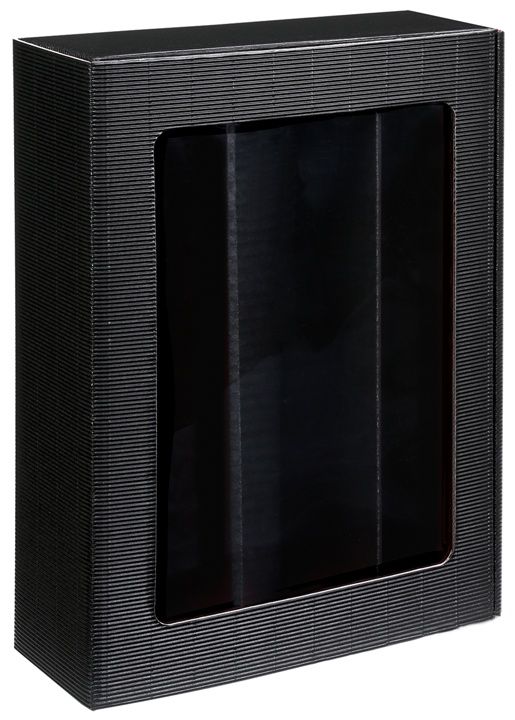 Präsentkarton in schwarz mit Sichtfenster für 3 Flaschen Wein, Korn oder Liköre